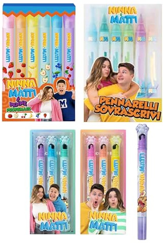 Ninna e Matti – 6 überschreibende Filzstifte, 6 löschbare Marker und 6 Glitzer-Textmarker mit Stempel Set zum Zeichnen, Stempeln und Ausmalen + Pailletten-Schlüsselanhänger und mehrfarbiger Stift