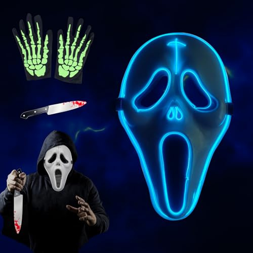 SPERMUOY Halloween Maske Scream Maske,LED Scream Ghostface maske mit Handschuhe,LED Ghostface masken für halloween Fasching Karneval,Fasching