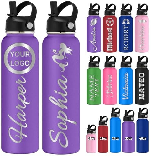 Personalisierte Trinkflasche mit Namen Graviert Logo 350/530/700/950/1150ML Edelstahl Wasserflaschen mit Stroh Deckel Griff Doppelwand Isoliert Thermosflaschen Geschenke für Schule Sport Büro