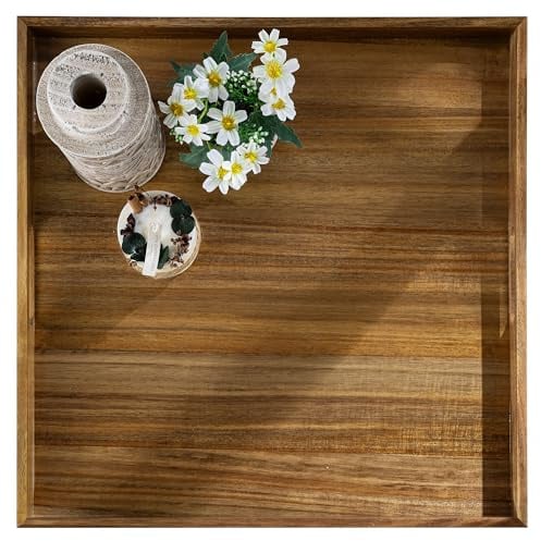 Hanobe Tablett Serviertablett Holztablett Groß: Rustic XXL Holz Dekotablett Gross 50cm für Hocker - Vintage Dunkel Braun Quadratisch Deko Tabletts für Bett Couch