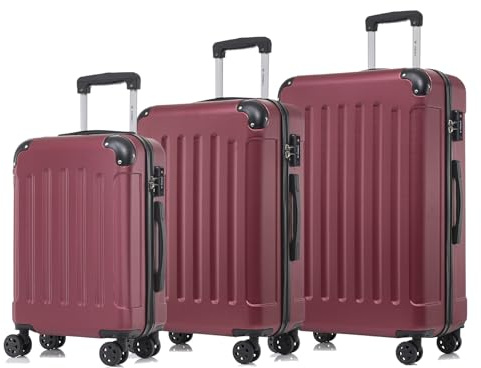 YONSLY Premium Reisekoffer TSA-Schloss,YKK-Reißverschluss Hartschalen-Koffer Trolley Kabinenkoffer Rollkoffer Suitcase Handgepäck 4 Rollen (Wein rot, M-L-XL-Set)