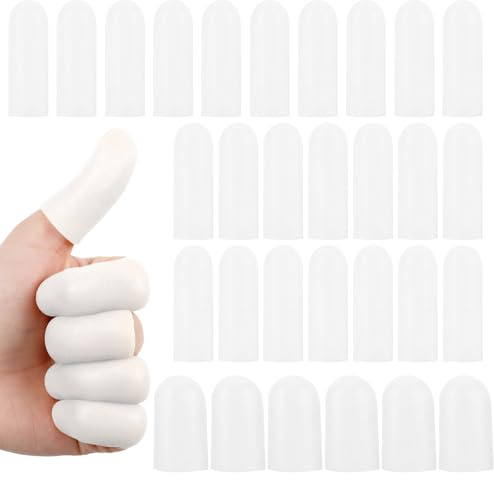 Matwsec 30 Pcs Silicone Finger Protectors Waterproof Finger Cots Soft Thumb Bandage Cover High Elastic Fingertip Bandages for Cracked Skin Blisters Calluses Nude (White, 24pcs Large + 6pcs Small)
