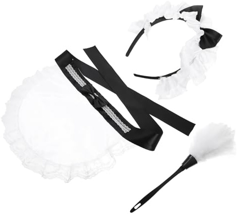 Generico Set Accessori Costume da Cameriera 3 Pezzi Grembiule Fascia per Chioma Spolverino per Feste Cosplay Halloween Compleanni Donna