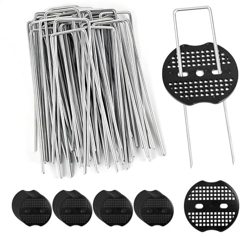 YIMETOP Unkrautvlies Haken Heringe Erdnägel Stabil – 40 U-förmige Erdanker (150x40mm, Ø3mm) + 40 Pufferscheiben, Unkrautvlies Haken Set für Garten, Rasenkanten, Gemüsebeet & Rohrbefestigung