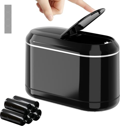 PAVSTINE Papelera Escritorio Ventana Emergente de Media Cobertura, Negro | Papelera Pequeña, Papelera De Baño Equipado con 5 Rollos de Bolsas de Basura y 4 Alfombrillas Antideslizante