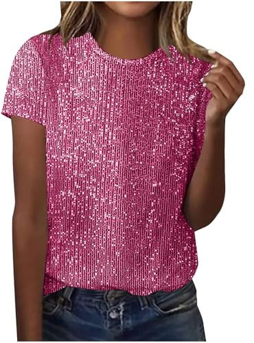 Glitzer T-Shirt Damen Pailletten Druck Bluse Modisches Pullover Glitzer Print Oberteile Rundhals Tunika Tops Kurzarm Shirt Farbverlauf Pulli Locker Atmungsaktiv Streetwear Karneval Kleidung