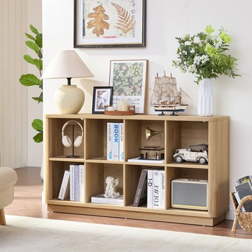 LELELINKY 8 Cube Storage Bookcase, 53 Wide Wooden Book Shelf with Thickened Base, Freestanding 2-Tier Open Book Case Unit with Curved Edge, Cube Organizer Shelf for Living Room & Bedroom, Natural Oak