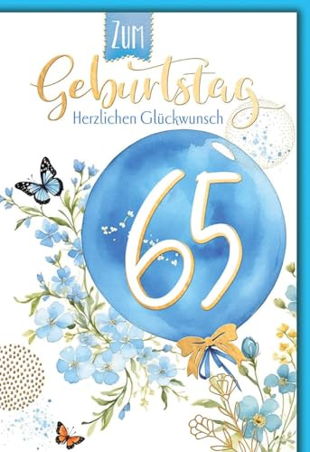 Geburtstagskarte zum 65. für Senioren - 65 Jahre - Blaue Ballons mit Schmetterlingen und Blumenmuster - Klappkarte mit Umschlag