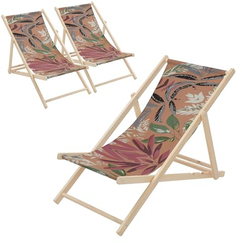 ECD Germany 3er Set Liegestuhl klappbar Floral Braun-Rot-Grün, Strandliege aus Holz, Sonnenliege mit verstellbarer Rückenlehne, Strandstuhl bis 120kg, Gartenliege Relaxliege für Garten Balkon Terrasse