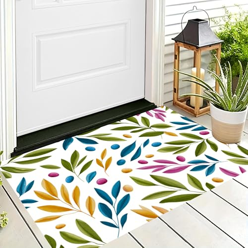 Tapis Pois Abstraits Feuilles D'Olivier Beige, 60X90Cm Tapis Plantes Dessinées Main Paillasson Piège Visuel Amusant Antidérapant Lavable Paillasson D'Entrée Intérieur Extérieur Pour Salle Bain