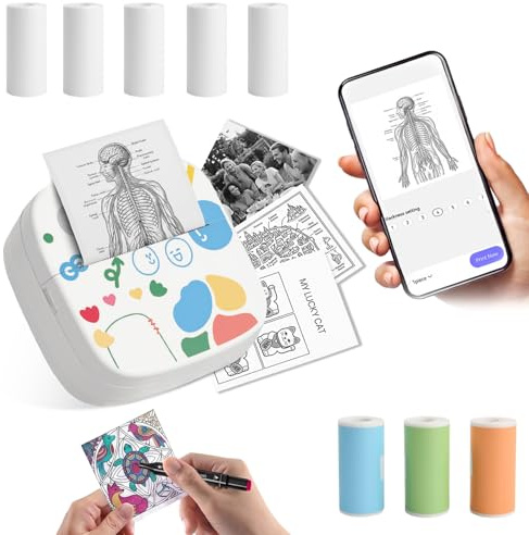Focenat Mini Thermodrucker mit 9 Rollen Papier, Tragbarer Bluetooth Tintenloser Drucker für Smartphone, Pocket Photo Sticker Maker für Study Note Journal DIY, Kompatibel mit iOS