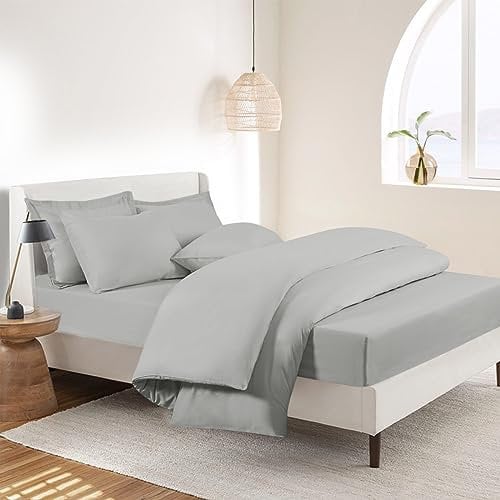 RUIKASI Super King Bedding Sets - 4 Piece Bed Set Superking Bedding, Deep Pocket Fitted Sheet and Duvet Cover with Pillow cases, Soft Microfiber Duvet Set with Zipper, Light Grey