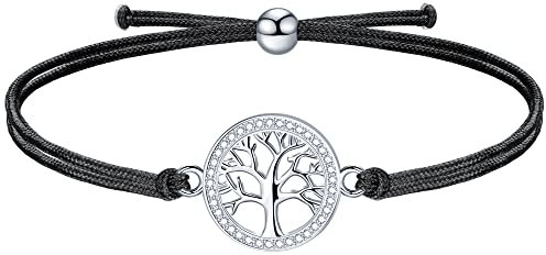 J.Endéar Lebensbaum Armband Silber 925 für Damen Junge Mädchen Verstellbare Kordelkette Schwarz, Geburtstag Kindertag Muttertag Schmuck
