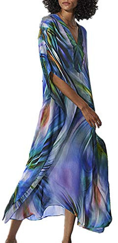 LikeJump Women's Summer Boho Kaftan Beach Cover Up Swimwear Kimono Maxi Dress Plus Size Blue