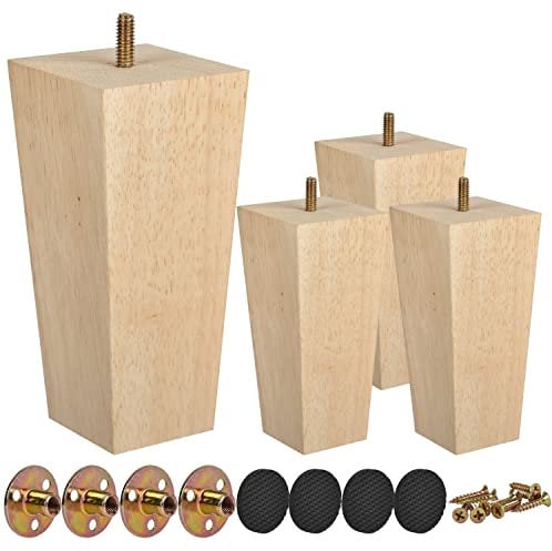 TCHOSUZ 5 inch / 12cm Wooden Furniture Legs, Pack of 4 Mid Century Modern Solid Wood Unfinished Pyramid Square DIY Replacement Feet with M8 Hanger Bolts & T-Nuts for Sofa Couch Bed Recliner Riser