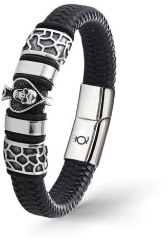 UNIQAL | Totenkopf Armband Herren aus Leder | Skull Bracelet Biker Rock Schmuck | Edelstahl Magnetverschluss | Handgemacht in Deutschland | Geschenkidee Geburtstag (ACE OF SPADE SILVER, 21)