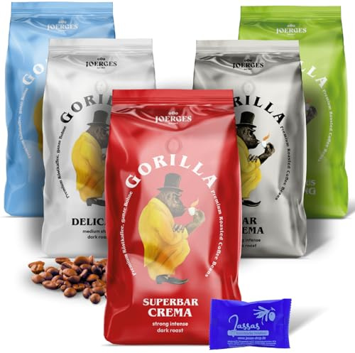 Gorilla Kaffee & Espresso Probierset 5x 1000g | Gorilla: Super Bar Crema, Kaffeehaus Mischung, Delicato, Café Creme, Super Bar | + Jassas Gebäck