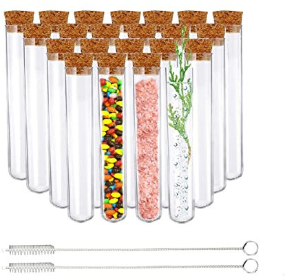 QUCUMER 50 Stück Reagenzgläschen mit Korken 15ml Kunststoff Transparent Reagenzglas mit 2 Bürste Reagenzröhrchen Hartplastik Klar Reagenzgläser für Blumen für Hochzeiten Badesalzbonbons (108 * 18mm)