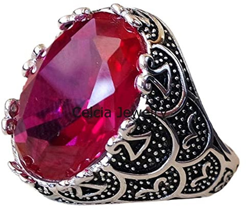 Roter Rubin, Korund, identische synthetische Steinimitationsfarbe, riesiger schwerer Siegelring für Männer, oxidierter Silberring, Vatertagsgeschenk, schöner Juli-Geburtsstein (Rubin)