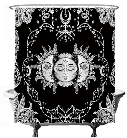 Ulticool - Rideau de Douche - Soleil Lune Zodiaque Tarot Nature Bohème - 180x200cm - Lavable - Anti Moisissure - Imperméable - avec 12 Anneaux - Noir Blanc