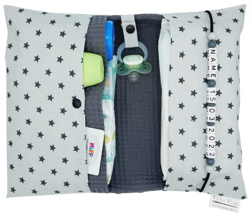Große Windeltasche für unterwegs mit Namen personalisiert - für Jungen und Mädchen - Wickeltasche mit Waffelpique - Sterne grau