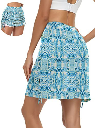 Soneven Tennisrock Damen Hosenrock Kurz Sommer Skort Knielang Golfrock Sportrock Mit Hose Röcke Mit Taschen für Laufen Tennis Golf Blauer Druck XL