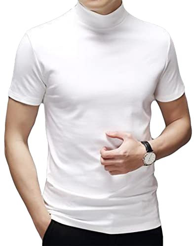 Ophestin Men's Casual T Shirt Slim Fit Basic Tops Knitted Thermal Turtleneck Pullover Sweater Mock Turtleneck Shirts White L