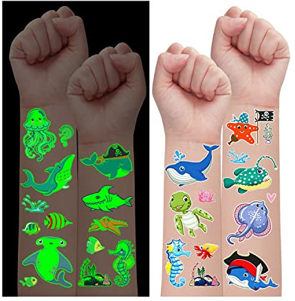 Leesgel Tattoos für Kinder, 140 Stück Leucht Kindertattoos Aufkleber Meerestiere Hai Sticker, Pool Party Deko Geburtstag Mitgebsel Kindergeburtstag Gastgeschenke Einschulung für Kinder