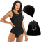 Abuyall One Piece Rush Guard Badeanzug für Frauen Schwarz Kurzarm Reißverschluss mit Hut Schwimmtasche, Solide Schwarz, S