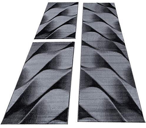 Carpettex Bettumrandung Schlafzimmer 3teilig Kurzflor Teppich Wellen Schattenoptik Schwarz Grau Bettset:2 mal 80x150 cm + 1 mal 80x300 cm - Bettvorleger Schlafzimmer Läufer Set Bettumrandung Teppich