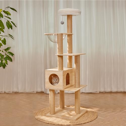 Lazyworm 61'' Tall Real Solid Wood Cat Tower with Space Capsule Cat Bed, Top Bed with Toy Ball,Sisal Scratching Posts, Multi Cat Tree for Large Cats 20 lbs Heavy Duty