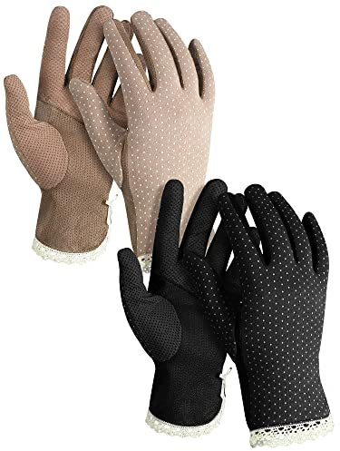 Geyoga UV Schutz Handschuhe für Damen - 2 Paar Sommer Driving Handschuhe, Rutschfest, Atmungsaktiv, Sonnenschutz, Dünn - Spitze Baumwollhandschuhe (Kaffee, Schwarz)
