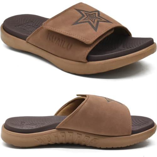 KuaiLu Mens Orthotic Slides Soft Cushion Sport Sandals with Plantar Fasciitis Arch Support Adjustable Open Toe Summer Slippers Slip on Indoor Outdoor Khaki Brown Size 10