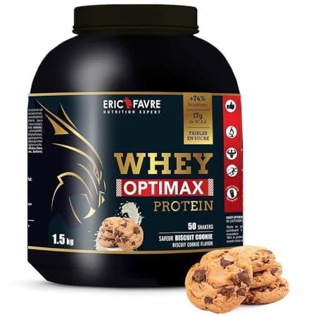 WHEY OPTIMAX PROTEIN +74% Protéines Bi-sources : WPC + Protéine Brevetée, 17g BCAA, 11g Glutamine, Peu Sucrée et Onctueuse - Idéal pour la Prise de Masse Musculaire - 2kg - Saveur Cookies - Eric Favre