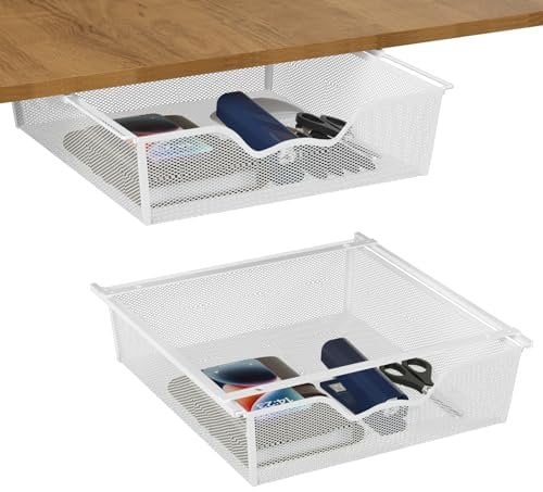 YBING Under Desk Storage Drawers Set of 2, Metal Hidden Desk Organizer Box Pull Out, Under Table Drawer Organizer for Office Home School, White