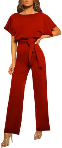 amropi Damen Kurzarm O-Ausschnitt Elegant Lang Jumpsuit Overall Hosenanzug Playsuit Romper Rot,M