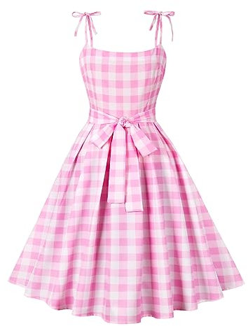 Damen Rosa Plaid Kleid Rockabilly Vinatge 50er Jahre Partykleid Swing Midikleid Karierter Festliches Feskleid Abendkleid M?dchen Rollenspiel Halloween Party Kost?m Film Verkleidung Anzug Rosa L