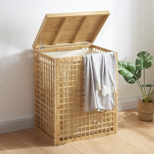 [en.casa] Wäschekorb Vimmerby Wäschesammler mit herausnehmbarem Wäschesack 2 Fächer 48 L Wäschebox mit Deckel 64 x 53 x 39 cm Bambus