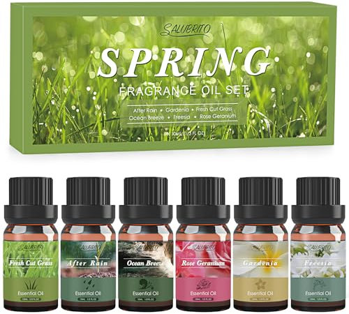 SALUBRITO Essential Oils Set, Spring Fragrance Oils Set for Diffuser, Candle and Soap Making - After Rain, Gardenia, Fresh Cut Grass, Ocean Breeze, Freesia, Rose Geranium Scented Oil