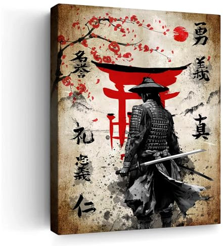 BAVEQAS Leinwandbild, Motiv: Samurai-Krieger, japanisches Torii-Tor, Kirschblüten, Wanddekoration, Vintage-Heimdekoration, Poster, japanisches Kulturkunstwerk, rot und schwarz, Wandkunst für