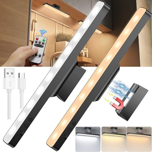 daphomeu 2 Pack Under Cabinet Kitchen Light with Remote, Rechargeable LED Strip Lights, Dimmable Wireless LED Wardrobe Lights, Magnetic Under Cabinet Light for Kitchen, Bedroom, Closet, Cupboard
