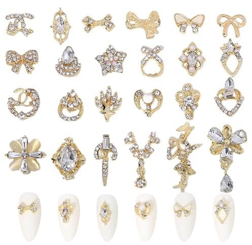 3D Nail Charms, 24 Pcs Shiny Nail Rhinestones Gems Bow Heart Butterfly Dangle Nail Art Charms Gold Metal Nail Jewelry Luxury Nail Art Decoration for Nail Design DIY Crafts