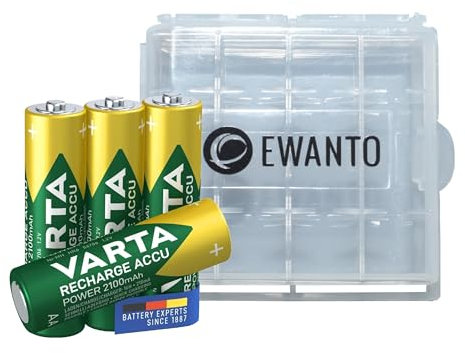 4X für Varta AA Akku 2100 mAh 1,2 V NiMH Accu Mignon 56706 Bulk + 1x Batteriebox/Akkubox zu Aufbewahrung von 4 STK. Mignon (AA) oder Micro (AAA) Batterien und Akkus mit Logo