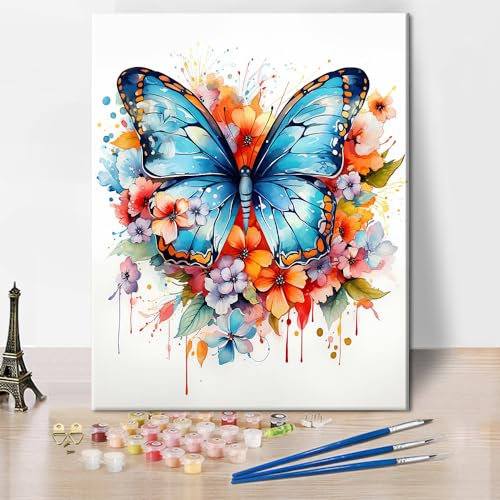 Schmetterlinge Farbe nach Zahlen Kit für Erwachsene Aquarell Blume DIY Farbe nach Zahlen Schöne Bunte Schmetterlinge Farbe nach Zahlen Kit auf Leinwand Ölgemälde für Geschenk, 16x20 inch Ohne Rahmen
