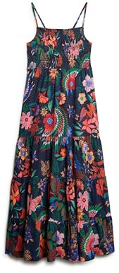Superdry Damen Gesmoktes Maxi-Trägerkleid Vera Geblümt Marineblau 42