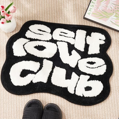 ELDONE Self Love Club Teppich, niedlicher Badematte, rutschfest, flippig, ästhetisch, kleine Akzente, Teppiche für Schlafzimmer, Badezimmer, Mädchen, adrette Raumdekoration, schwarz-weißer Teppich