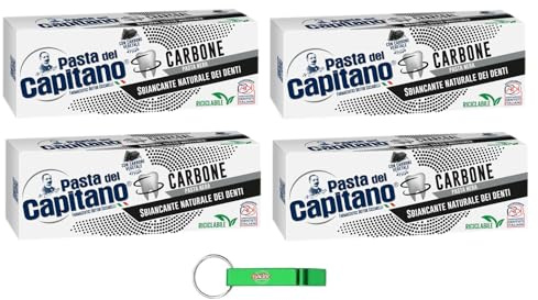 4x Pasta del Capitano Dentifricio Carbone Zahnpasta Aktivierte Pflanzliche Kohle Natürlicher Weißmacher in schwarzer Paste 100ml + Beni Culinari Kostenloser Schlüsselanhänger