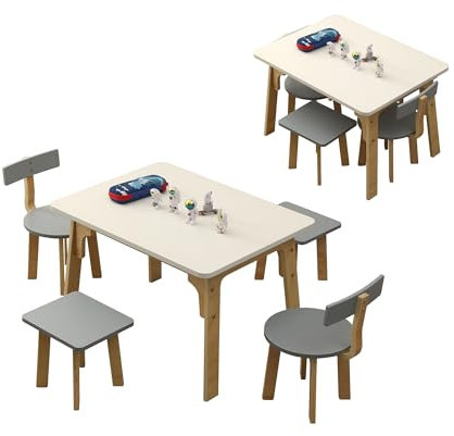 hoopyosms Holz Kindertisch Set mit 4 Stühlen – Kinder Aktivitäts- & Montessoritisch, Sitzgruppe für Kinderzimmer & Spiel-/Lernbereich, Grau