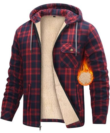 heekpek Sweat a Capuche Homme Vestes Doublées en Polaire Blouson Hiver Manteau Sherpa Chaud Hoodies Sweatshirt Chemises à Carreaux Zippées en Flanelle pour Le Travail à L'extérieur, Rouge+Bleu, XXL