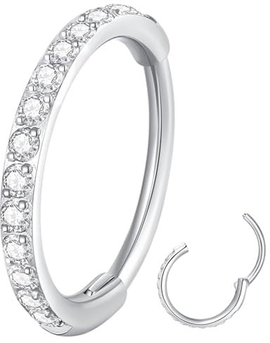 Popuhoops 20g 8mm Clear CZ Nose Ring Hoop 316L Surgical Steel Seamless Silver Septum Ring Clicker Cartilage Earring Ear for Women Men Helix Rook Lobe Conch Tragus Daith Hinged Piercing Jewelry